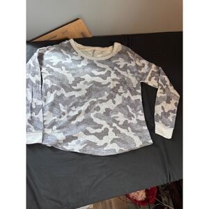 Camo Ribbed Lounge Set Grey White Long Sleeve Top and Pants 2 Piece Small/Medium